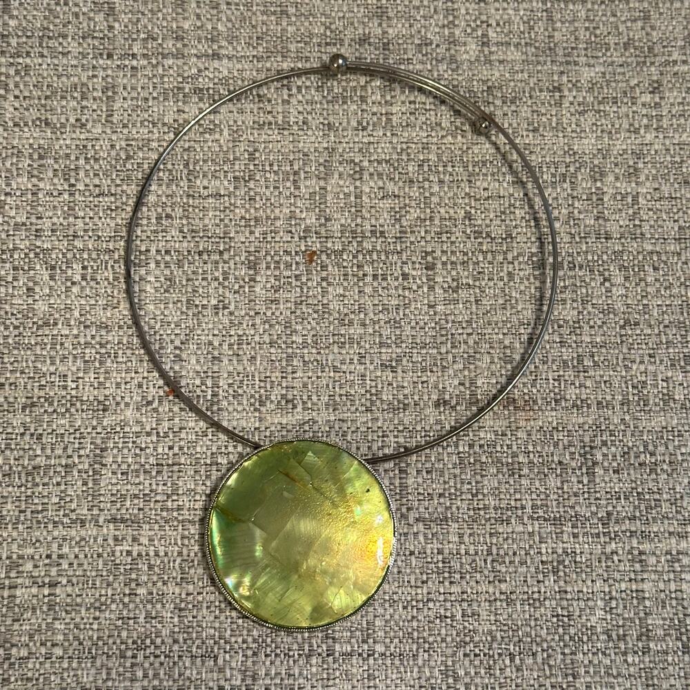 Iridescent Green Resin Pendant Wire Choker Necklace Modern Artisan Statement Je